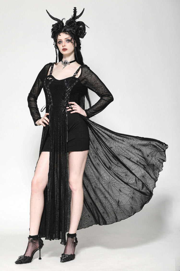 Black Long Sleeves Lace-Up Spiderweb Women's Gothic Elegant Witch Long Dress - Product - 6