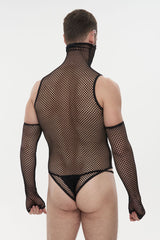 Black Transparent Mesh Sexy Super High Collar Masked Glove Thong Men's Punk Onesie - Product - 3