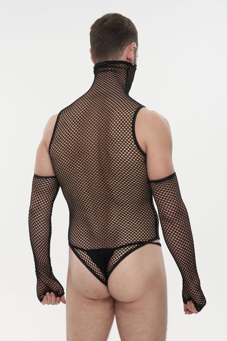 Black Transparent Mesh Sexy Super High Collar Masked Glove Thong Men's Punk Onesie - Product - 3