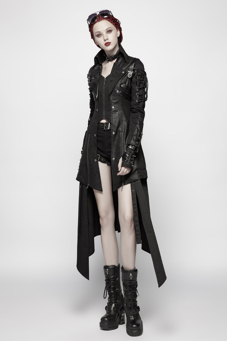 Black Metal Buckle Decoration Zipper Womens Steampunk Windbreaker Coat - Product - 4