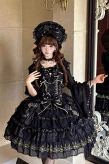 Black [Dream-Sinking Pearl Veil] Doll-Style Sleeveless Multi-Layered Ruffled Bow Lace Daily Gothic Lolita Dress - Product - 5