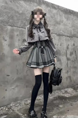 Grey Long Sleeves Houndstooth Printed Ruffled Lace-Up Jirai Kei Japanese Set - Grey - 1
