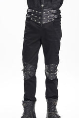 Black Stitching Buckle-up Studs Men's Gothic Pants - Product - 6