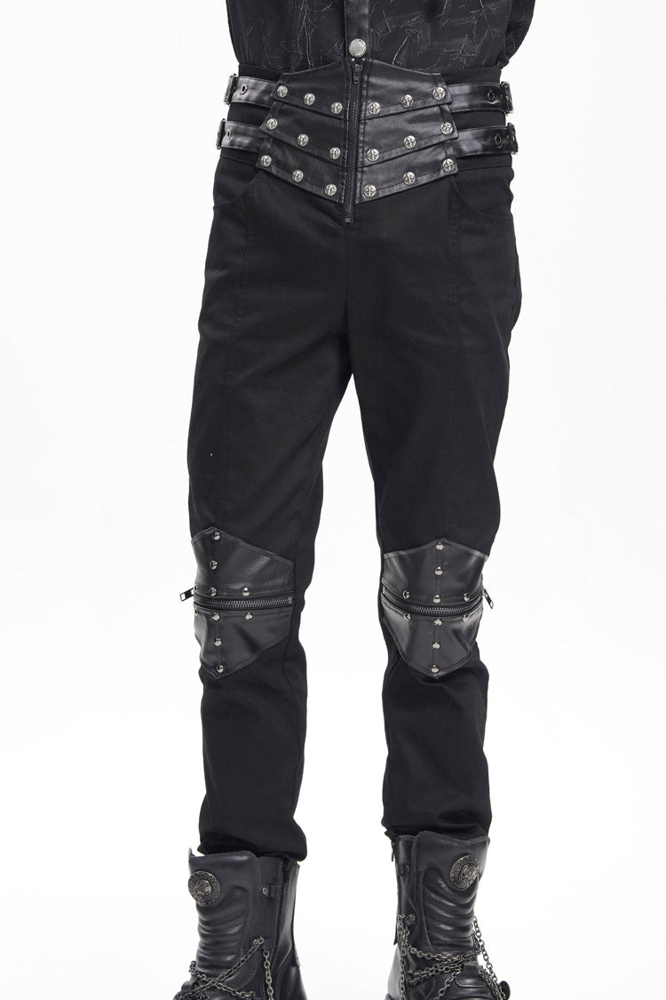 Black Stitching Buckle-up Studs Men's Gothic Pants - Product - 6