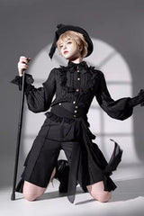 Black [Eternal City] Long Sleeves Lace Gothic Prince Medieval Ouji Lolita Blouse Knee-Length Shorts Set - Product - 3