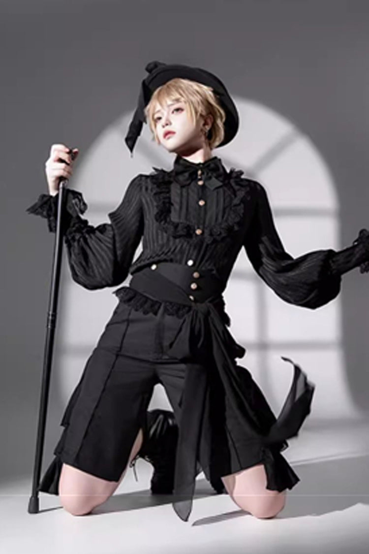 Black [Eternal City] Long Sleeves Lace Gothic Prince Medieval Ouji Lolita Blouse Knee-Length Shorts Set - Product - 3