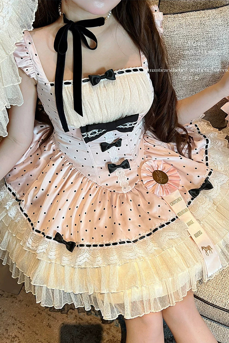 Pink [Polka Dot Waltz] Square Collar Flutter Sleeves Triple-Layered Printed Ruffled Bow Sweet Lolita Jsk Dress - Product - 4