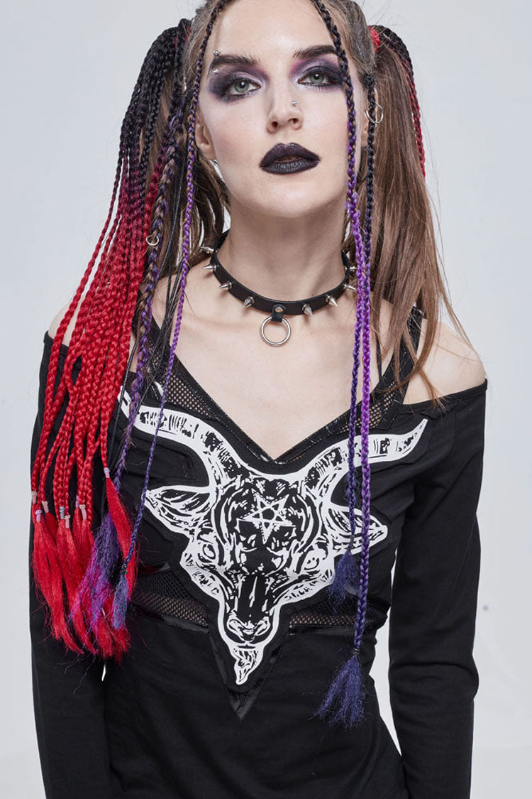 Black Punk Devil Sheep Head Printed Long Sleeves Off The Shoulder Women's Shirt - Product - 4