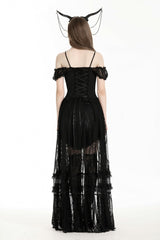 Black Off Shoulder Short Flutter Sleeves Lace-Up Lace High/Low Women's Gothic Prom Slip Dress - Product - 4