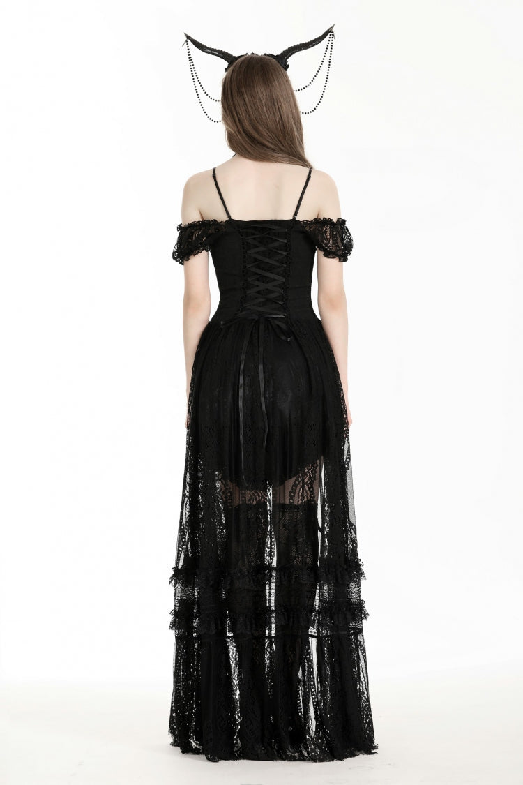 Black Off Shoulder Short Flutter Sleeves Lace-Up Lace High/Low Women's Gothic Prom Slip Dress - Product - 4