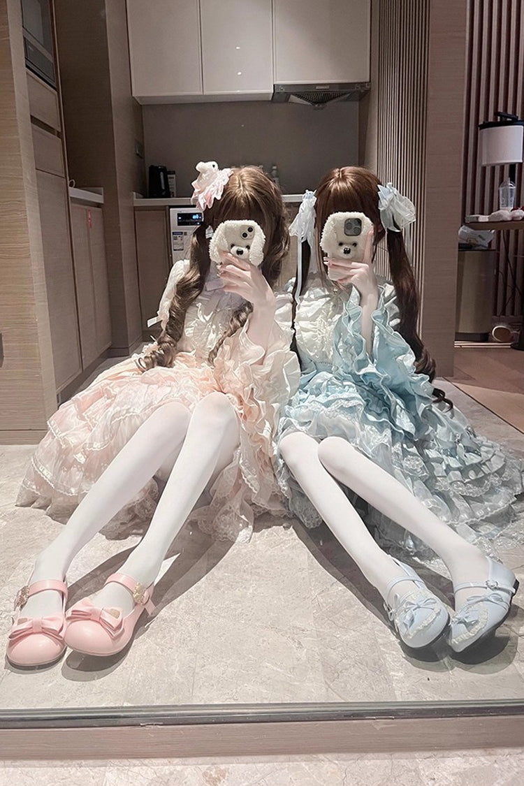 Blue [The Soloist Doll] Long Hime Sleeves Multi-Layered Print Ruffle Bowknot Asymmetric Sweet Lolita Dress - Product - 9