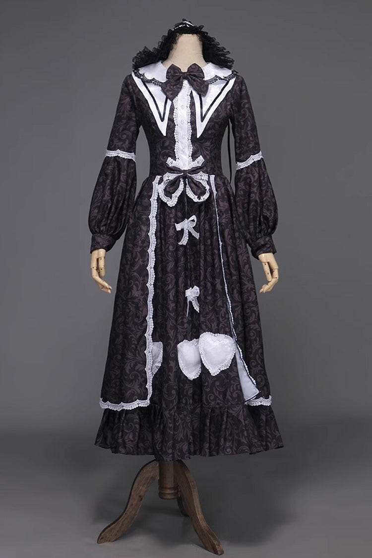 Black Maid Long Sleeves Ruffle Bowknot Sweet Lolita Dress - Black - 1