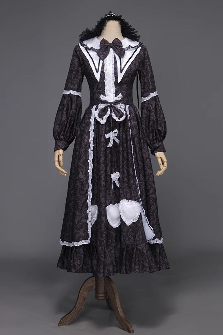 Black Maid Long Sleeves Ruffle Bowknot Sweet Lolita Dress - Black - 1