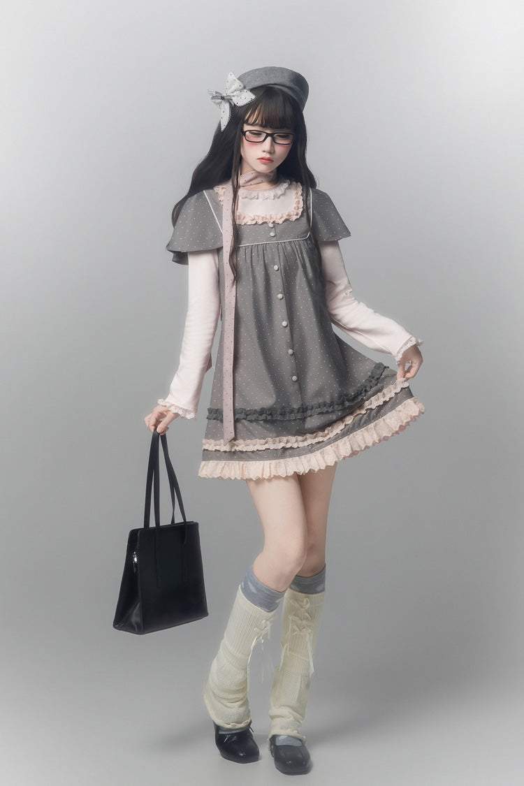 Grey [Polka Dot Bouclé] Round Collar Long Sleeves Printed Ruffled Faux Two-Piece Sweet Japanese Lolita Dress - Product - 5
