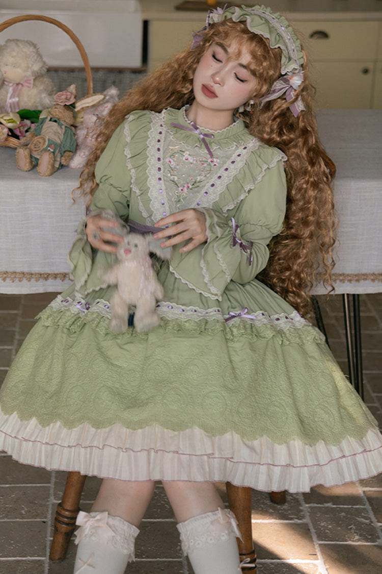 Green [Solitary Orchid In Quiet Valley] Long Sleeves Multi-Layered Embroidery Bowknot Sweet Lolita Dress - Product - 4
