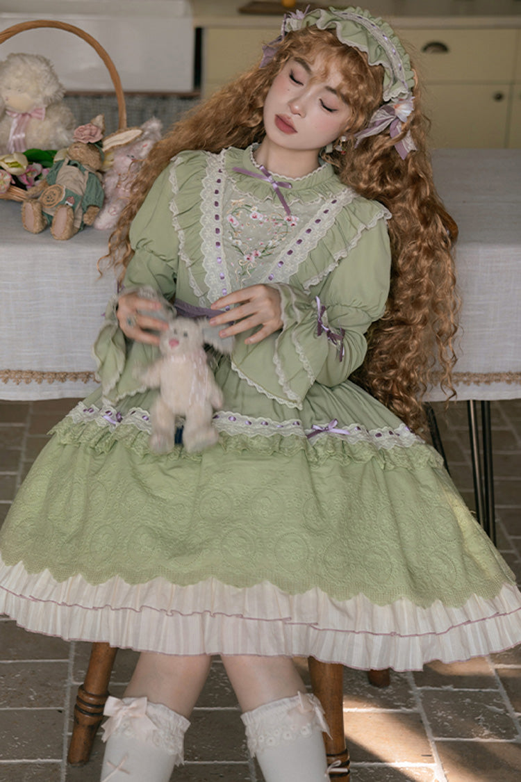 Green [Solitary Orchid In Quiet Valley] Long Sleeves Multi-Layered Embroidery Bowknot Sweet Lolita Dress - Product - 4