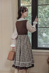 White/Brown Campus Style Doll Collar Lantern Sleeves Plaid Sweet Lolita OP Dress - Product - 6