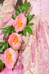 Pink Half Sleeves Lace Stitching High Waisted Hollow Embroidery Floral Print Ruffled Multi-Layer Victorian Lolita Prom Dress - Product - 3