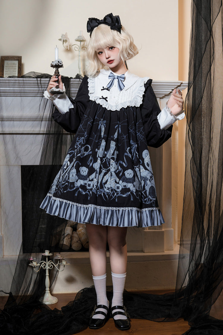 Black Bandage Bear Print Long Sleeves Ruffle Bowknot Lace Gothic Lolita Dress - Black - 1