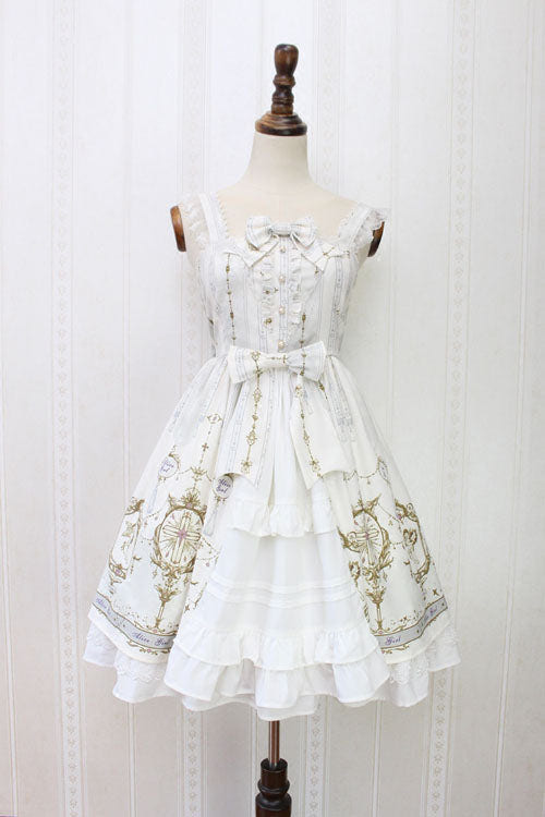 Angel Cross Print Lace Bowknot Cardigan Ruffled Sweet Lolita JSK Dress - White - 10