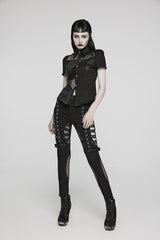 Black Twill Woven Short Sleeves Hollow Leather Stitching Womens Steampunk Blouse - Product - 5