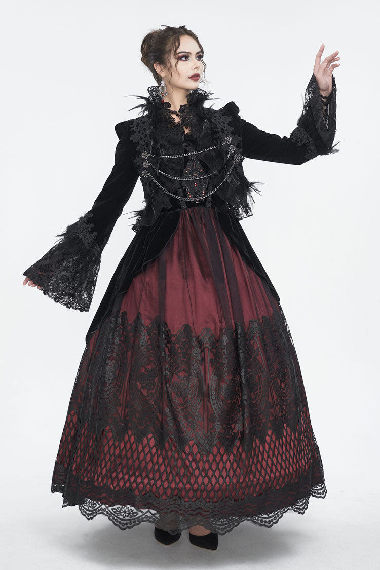 Black Stand Collar Trumpet Sleeves Embroidery Stitching Lace Women's Gothic Jacket - Product - 3
