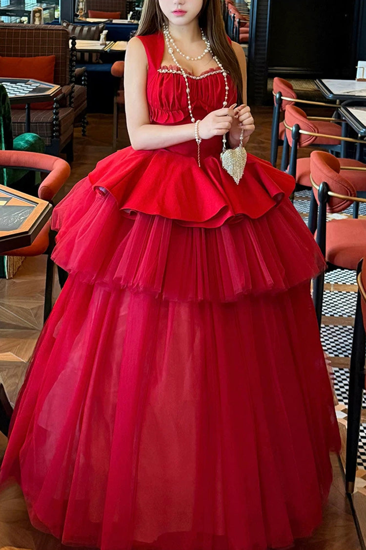 Red [Romantic Rose] Square Collar Sleeveless Ruffled Classic Ballet Lolita Dress - Product - 6
