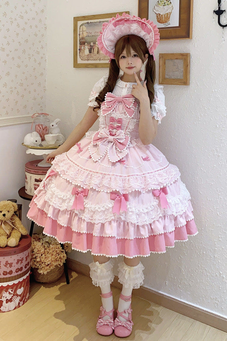 Pink [Fondant Cake] Sleeveless Multi-Layered Ruffle Bowknot Lace Sweet Lolita Jsk Dress - Pink - 1