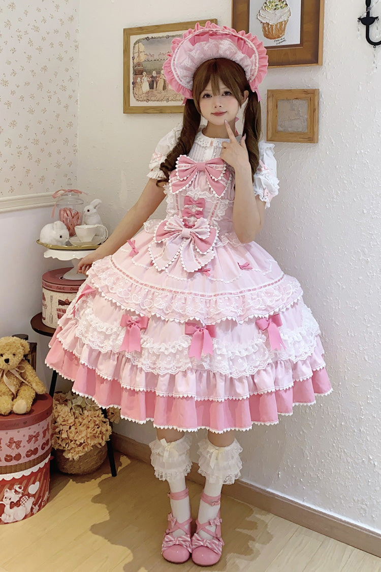 Pink [Fondant Cake] Sleeveless Multi-Layered Ruffle Bowknot Lace Sweet Lolita Jsk Dress - Pink - 1