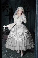 Solid Color [Bionic Doll] Square Collar Multi-Layered Ruffle Bowknot Lace-Up Gothic Lolita Long Skirt Corset Set - Product - 4