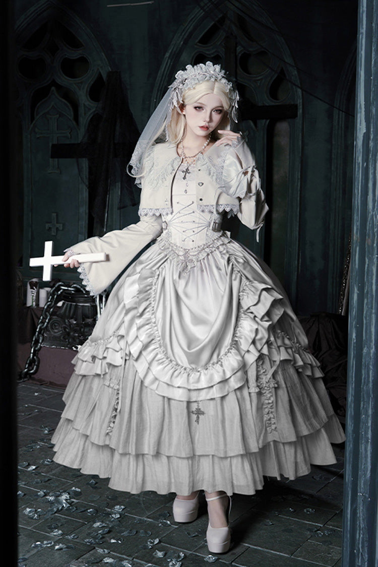 Solid Color [Bionic Doll] Square Collar Multi-Layered Ruffle Bowknot Lace-Up Gothic Lolita Long Skirt Corset Set - Product - 4