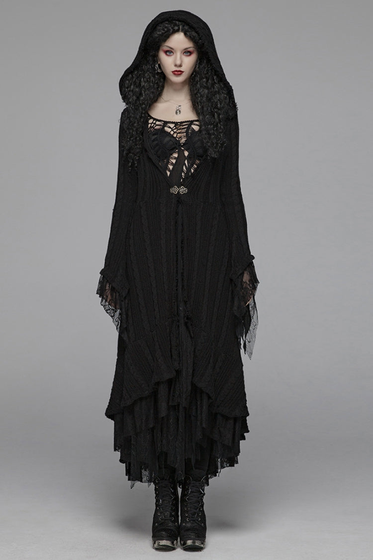 Black Long Sleeves Hollow Hooded Women's Gothic Dress - Black - 1