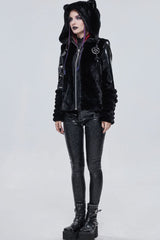 Black Punk Cuff Pleated Design Metal Five-Pointed Star Shape Belt Decoration Cat Ear Women's Coat - Product - 6