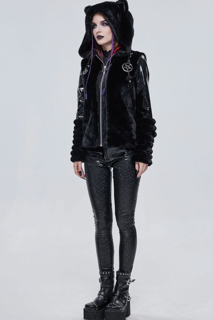 Black Punk Cuff Pleated Design Metal Five-Pointed Star Shape Belt Decoration Cat Ear Women's Coat - Product - 6