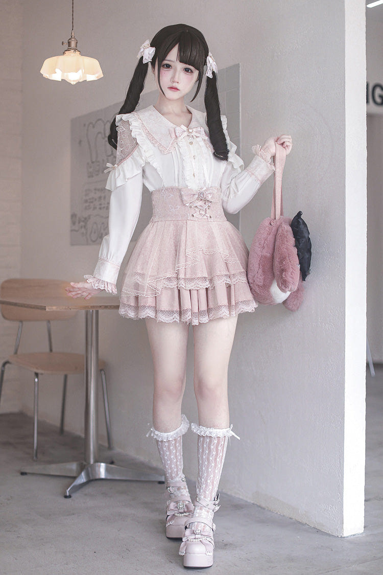 White/Pink [Dreamy Love Ballad] Lapel Collar Long Sleeves Double-Layered Ruffled Cut-Out Bow Gothic Japanese Jirai Kei Skirt Set - Product - 4