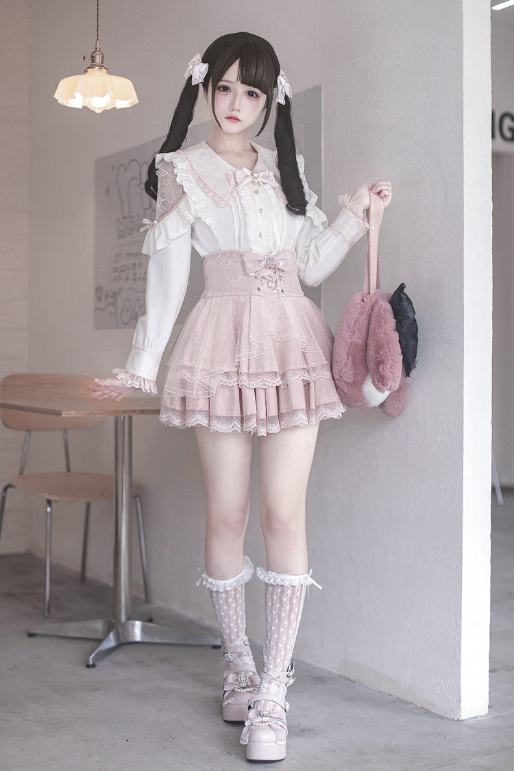 White/Pink [Dreamy Love Ballad] Lapel Collar Long Sleeves Double-Layered Ruffled Cut-Out Bow Gothic Japanese Jirai Kei Skirt Set - Product - 4