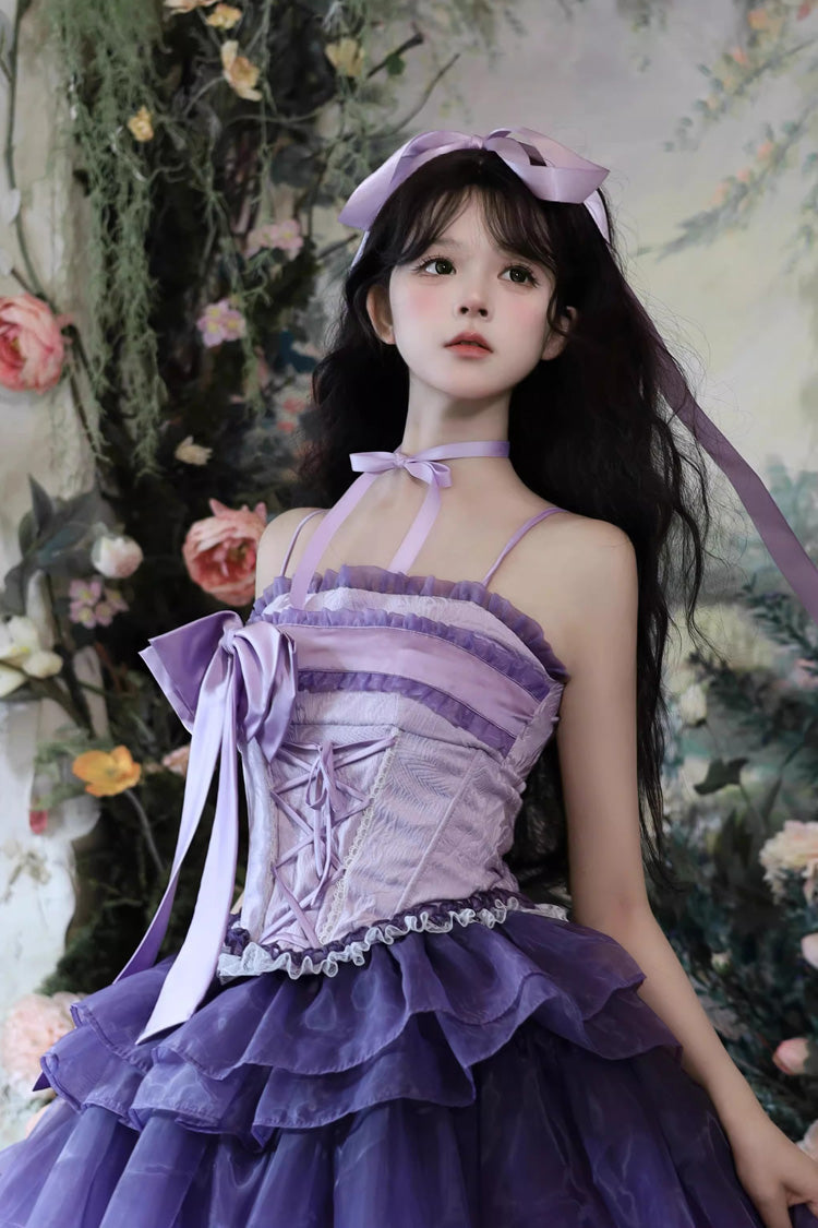 Purple [Lily of the Valley in Falling Snow] Sleeveless Triple-Layered Ruffled Bow Lace-Up Sweet Elegant Lolita Skirt Dress Set - Product - 4