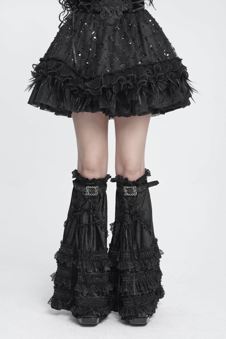 Black Multi-Layered Lace Lace-Up Buckled Pleated Women's Gothic Luxurious Royal  Leg Warmers - Black - 1