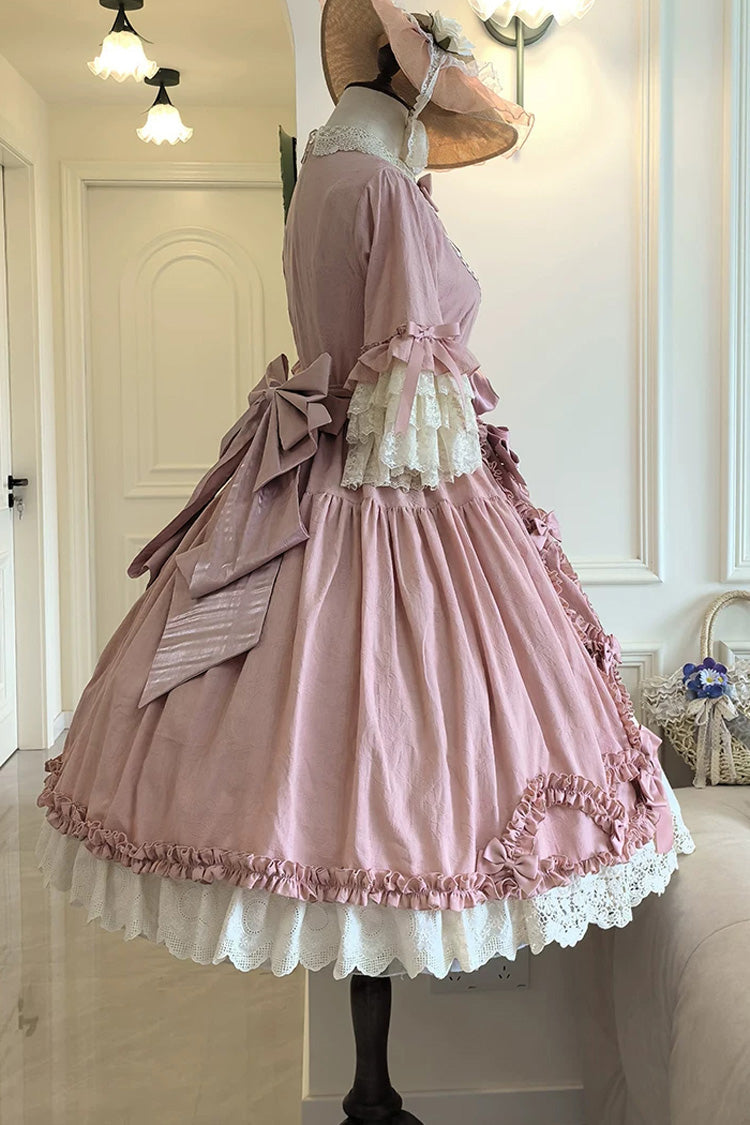 Pink [Lilica Garden] Lapel Collar Short Trumpet Sleeves Ruffled Open-Front Bow Lace Sweet Elegant Luxurious Lolita Dress - Product - 11