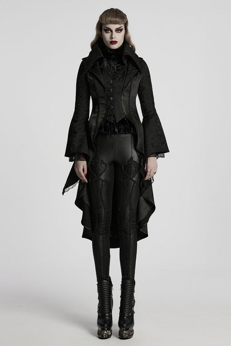 Black Lapel Collar Long Trumpet Sleeves Jacquard Women's Gothic Jacket - Black - 1