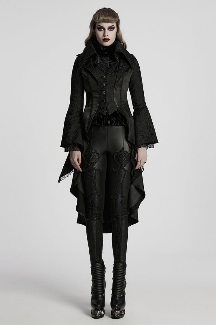 Black Lapel Collar Long Trumpet Sleeves Jacquard Women's Gothic Jacket - Black - 1