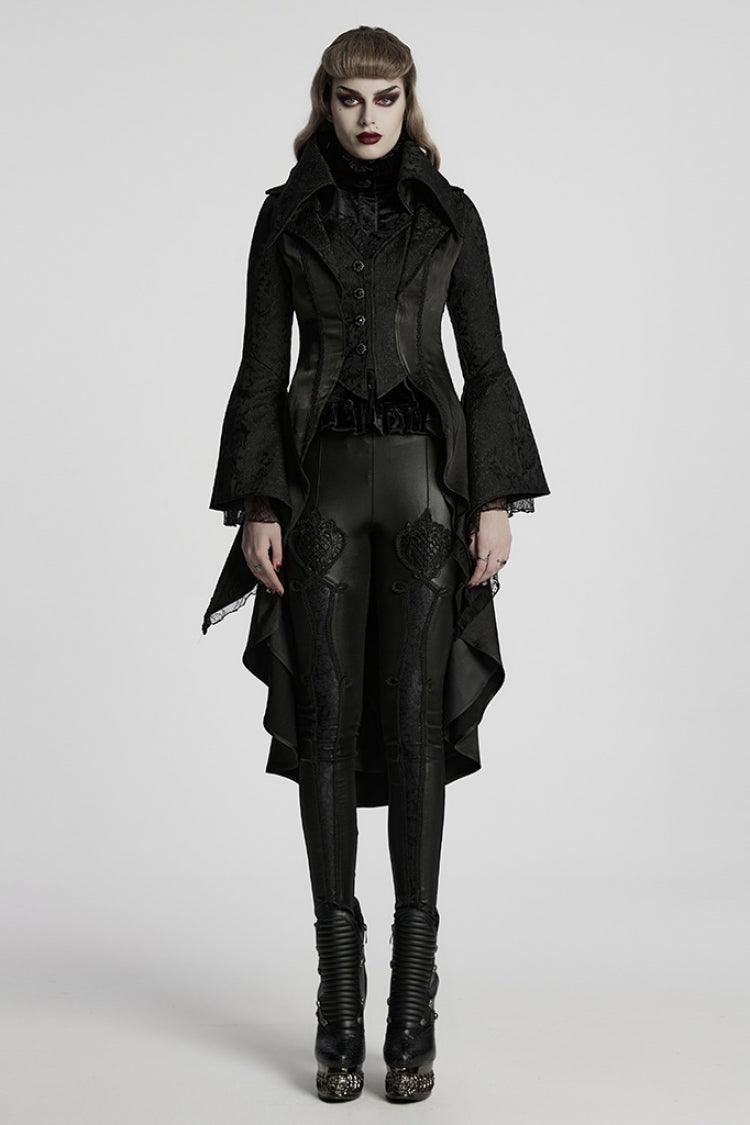 Black Lapel Collar Long Trumpet Sleeves Jacquard Women's Gothic Jacket - Black - 1