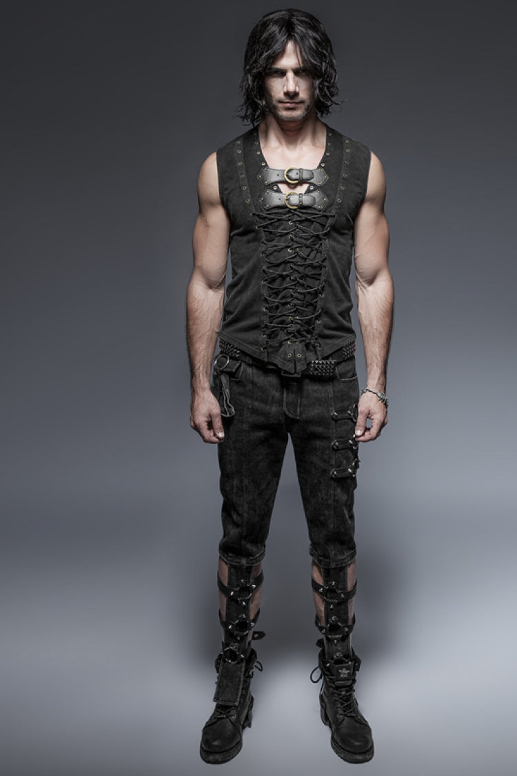 Black V Collar Sleeveless Metal Rings Cross Lace-Up Men's Steampunk Vest - Product - 4
