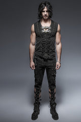 Black V Collar Sleeveless Metal Rings Cross Lace-Up Men's Steampunk Vest - Product - 4