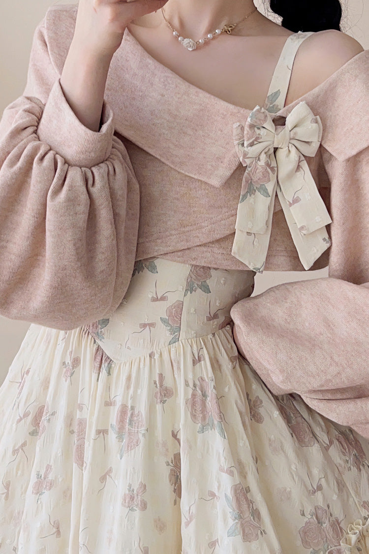 Pink Oblique Shoulder Print Ruffle Bowknot Lace Sweet Lolita Jsk Dress Set - Product - 5