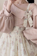 Pink Oblique Shoulder Print Ruffle Bowknot Lace Sweet Lolita Jsk Dress Set - Product - 5