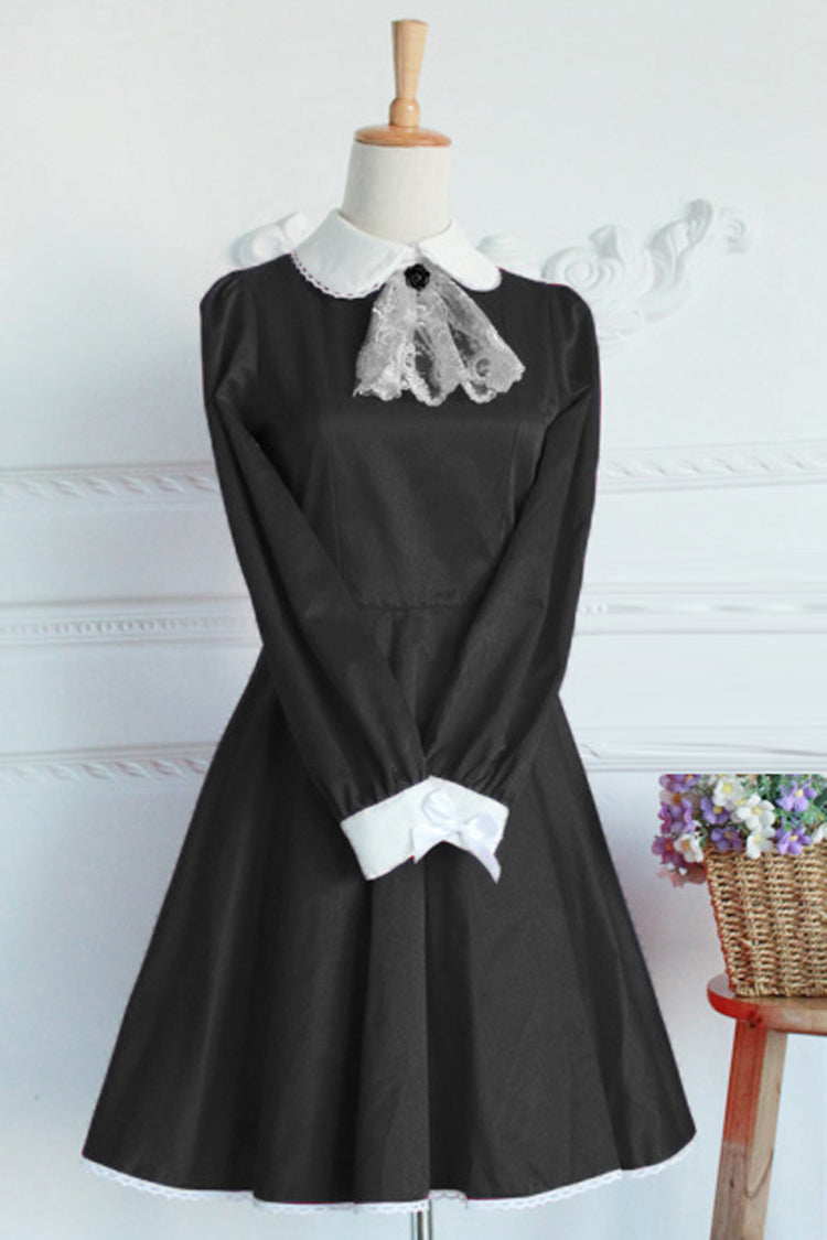 Black Cotton Doll Collar Long Sleeves Lace Gothic Lolita Dress - Black - 1