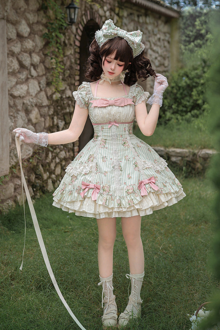 Green [An Encounter with Austin] Square Collar Short Sleeves Multi-Layered Rose Printed Ruffled Bow Lace Sweet Lolita Dress 2 Versions - Product - 15