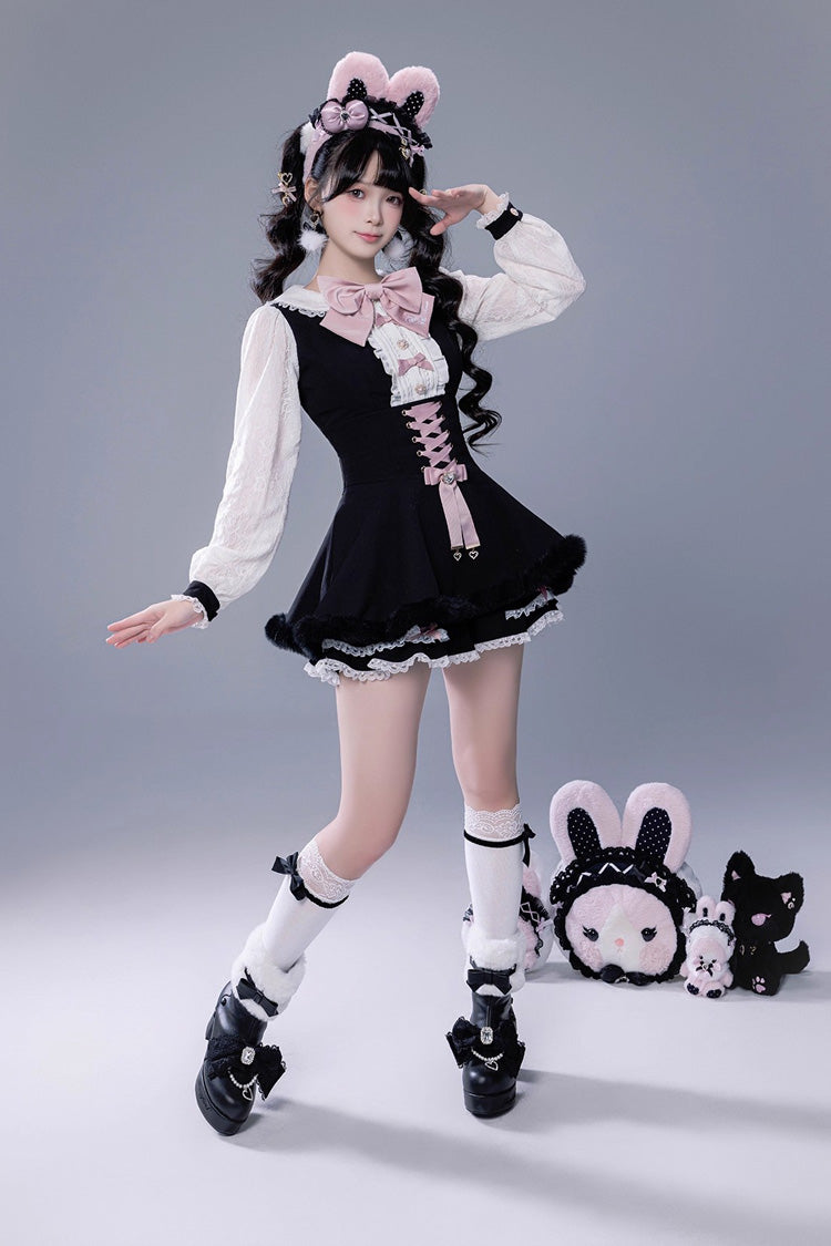 ブラック 長袖 フリル リボン レースアップ 和風 地雷系 ワンピース ショートパンツ Plush セット 商品画像