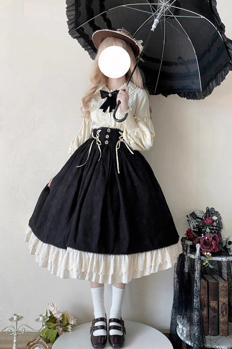 Black [Heart of Rose] High Waisted Ruffle Embroidery Lace-Up Sweet Vintage Elegant Palace Lolita Skirt - Product - 7